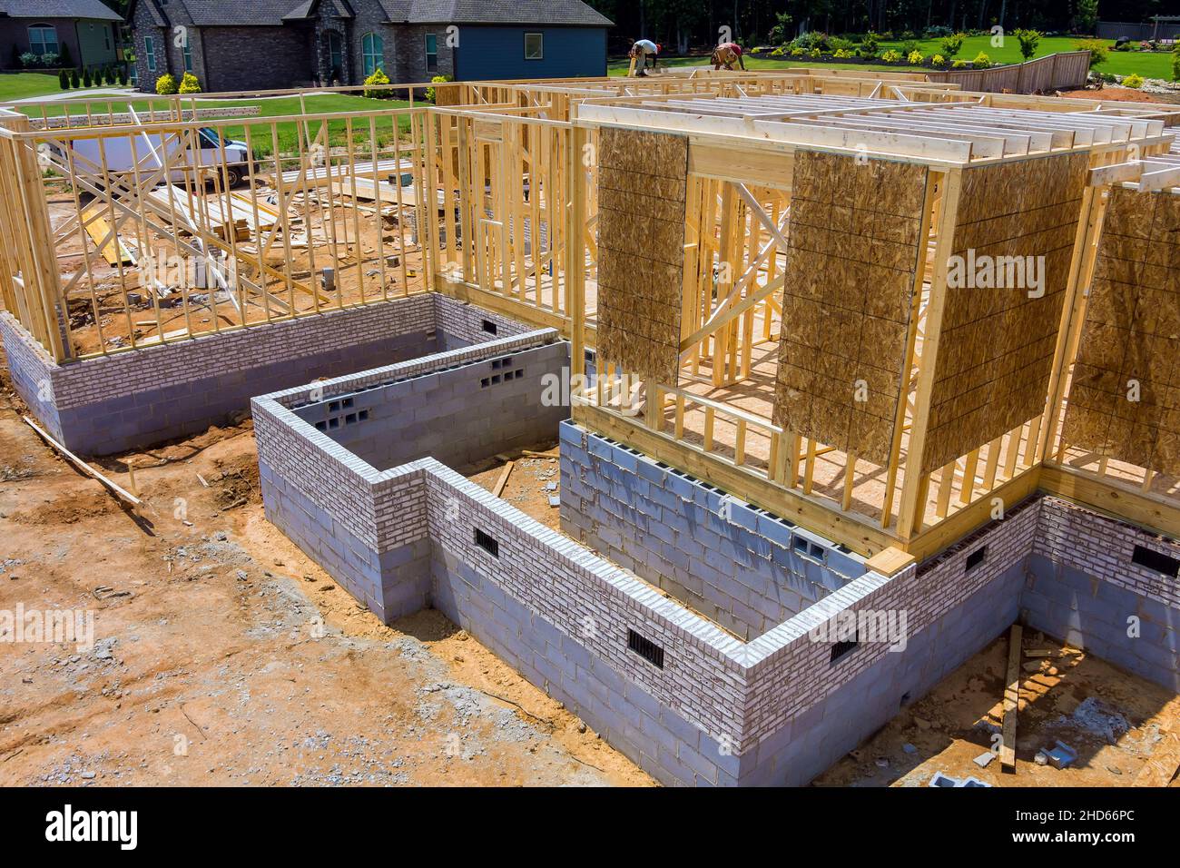 Aerial view the construction wood framing beams of a new house under construction Stock Photo