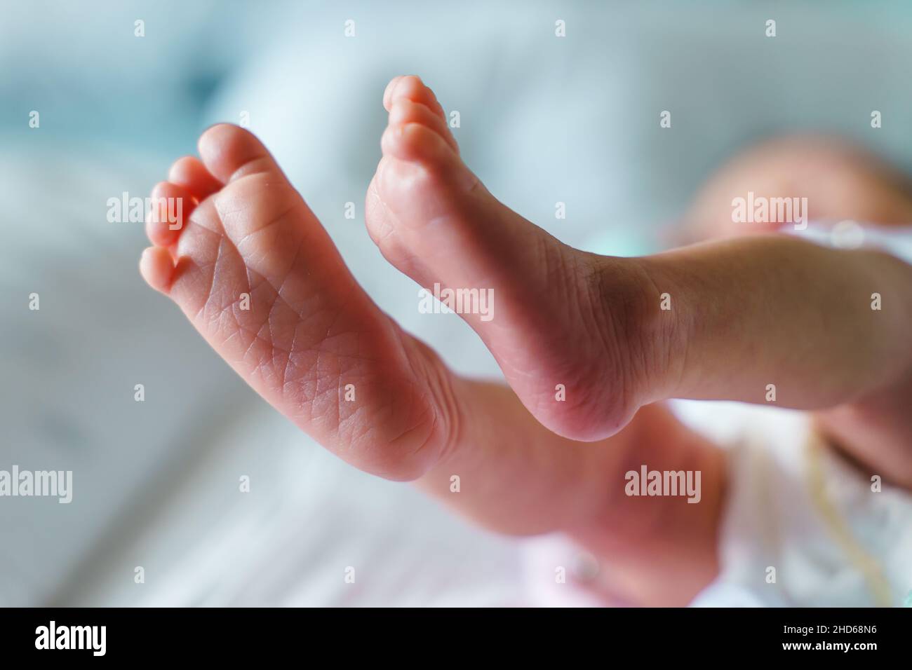 Close up on feet of unknown baby newborn lying on bed at home with copy space Stock Photo