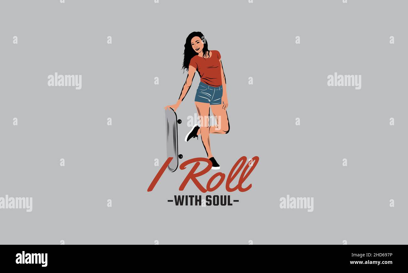 i roll with soul girl skateboard t-shirt monogram text vector template Stock Vector