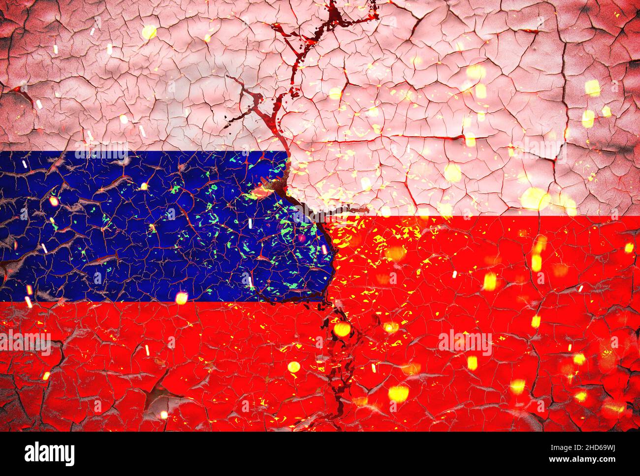 Grunge russia vs poland national flags icon pattern isolated on broken cracked wall background, abstract international political relationship friendsh Stock Photo