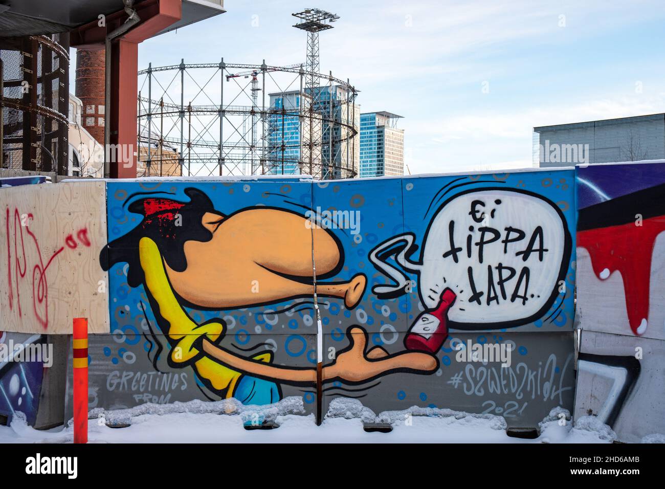Ei tippa tapa. Mural graffiti by Polish artist Szwedzki on Suvilahti graffiti wall in Helsinki, Finland. Stock Photo