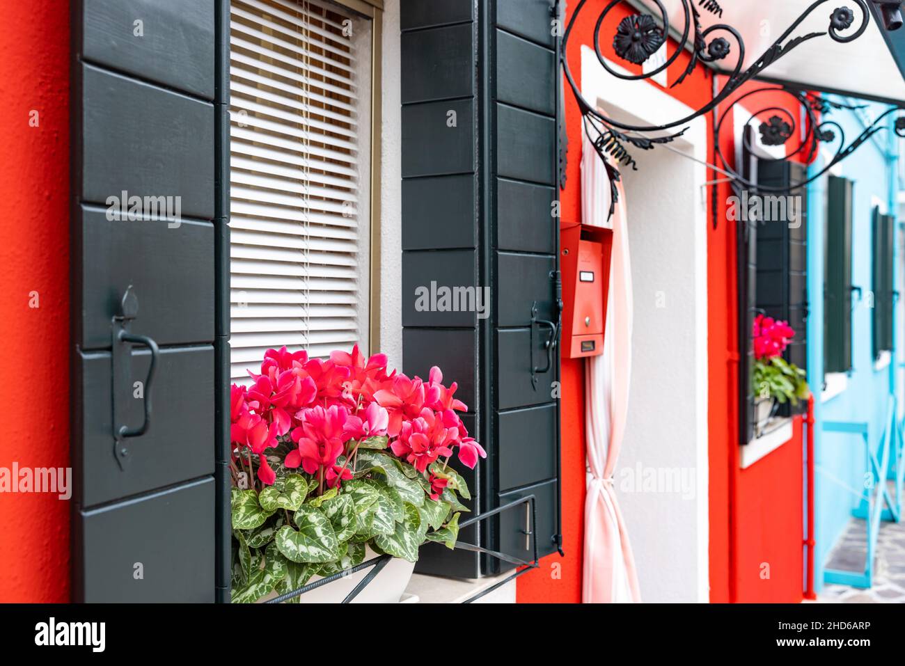 Close up of the colorful red facade of a traditional residential house in Burano, with a window holding a flower pot in the foreground Stock Photo