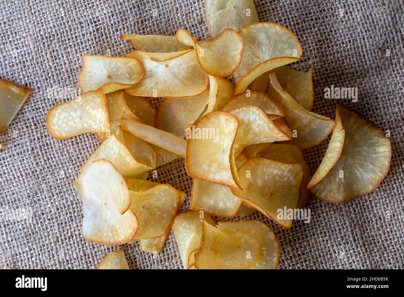 Savory salted cassava chips, a traditional Indonesian snack. Stock Photo