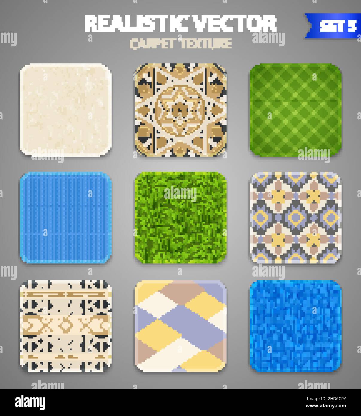 Carpet rugs floor covering texture patterns styles 9 realistic square samples collection on grey background vector illustration Stock Vector