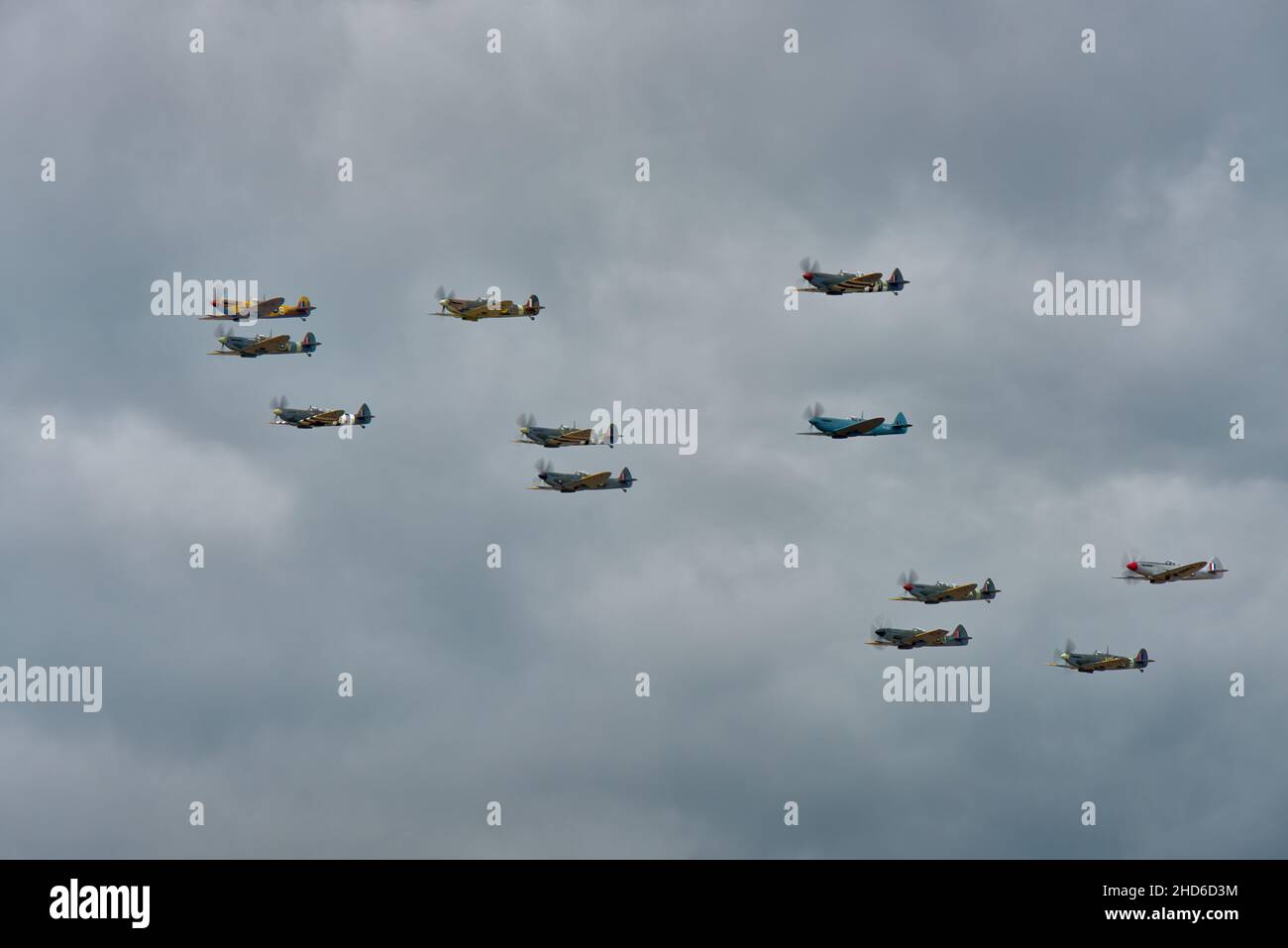 A formation of Spitfires at the Flying Legends Air Display at Duxford Stock Photo
