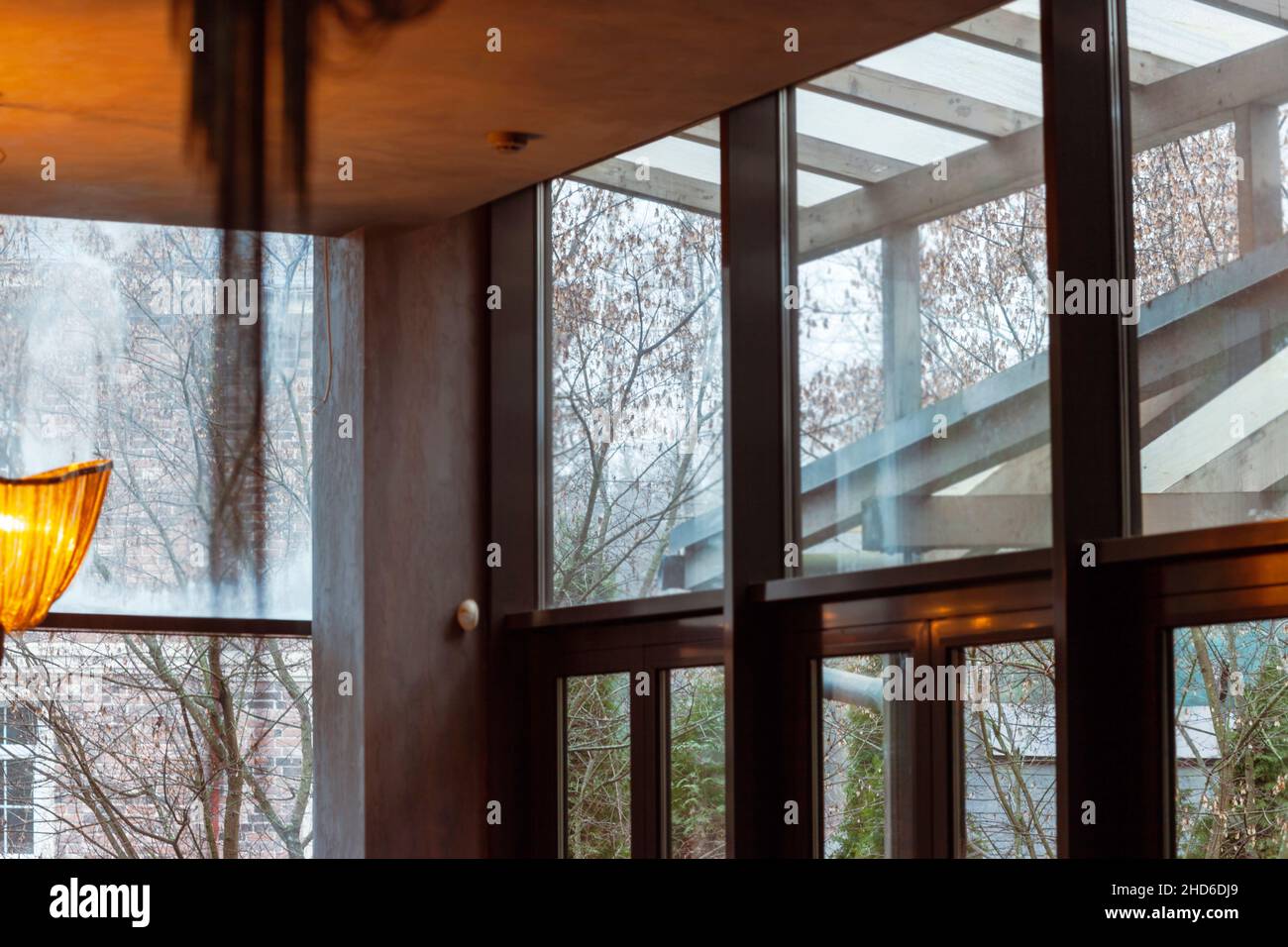 large windows and transparent rooftop, indoor cropped shot Stock Photo ...