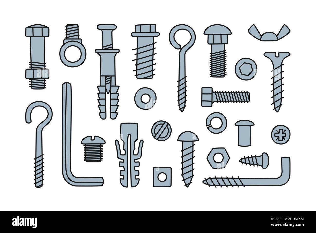 Hand drawn screw, bolts, fasteners. Bolts, screws, nuts, dowels and