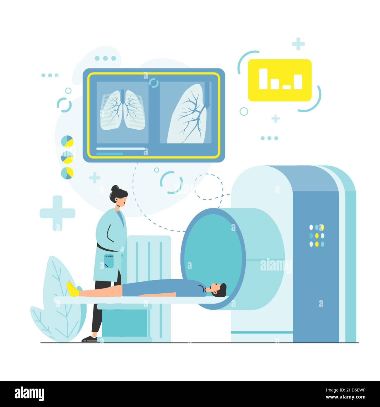 CT scan of chest, vector illustration. X-ray computed tomography test of patient lungs. Pulmonology diagnostics. Stock Vector