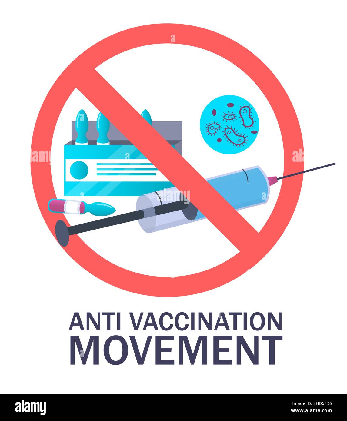 Anti vaccination movement sign, vector illustration. Anti vax protest, campaign, coronavirus covid-19 vaccine refusal. Stock Vector