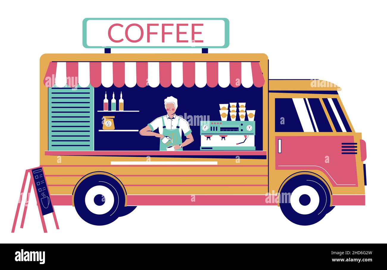 Coffee truck with barista making hot energy drink, vector illustration