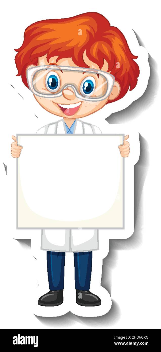 Scientist boy holding empty board in sticker style illustration Stock ...