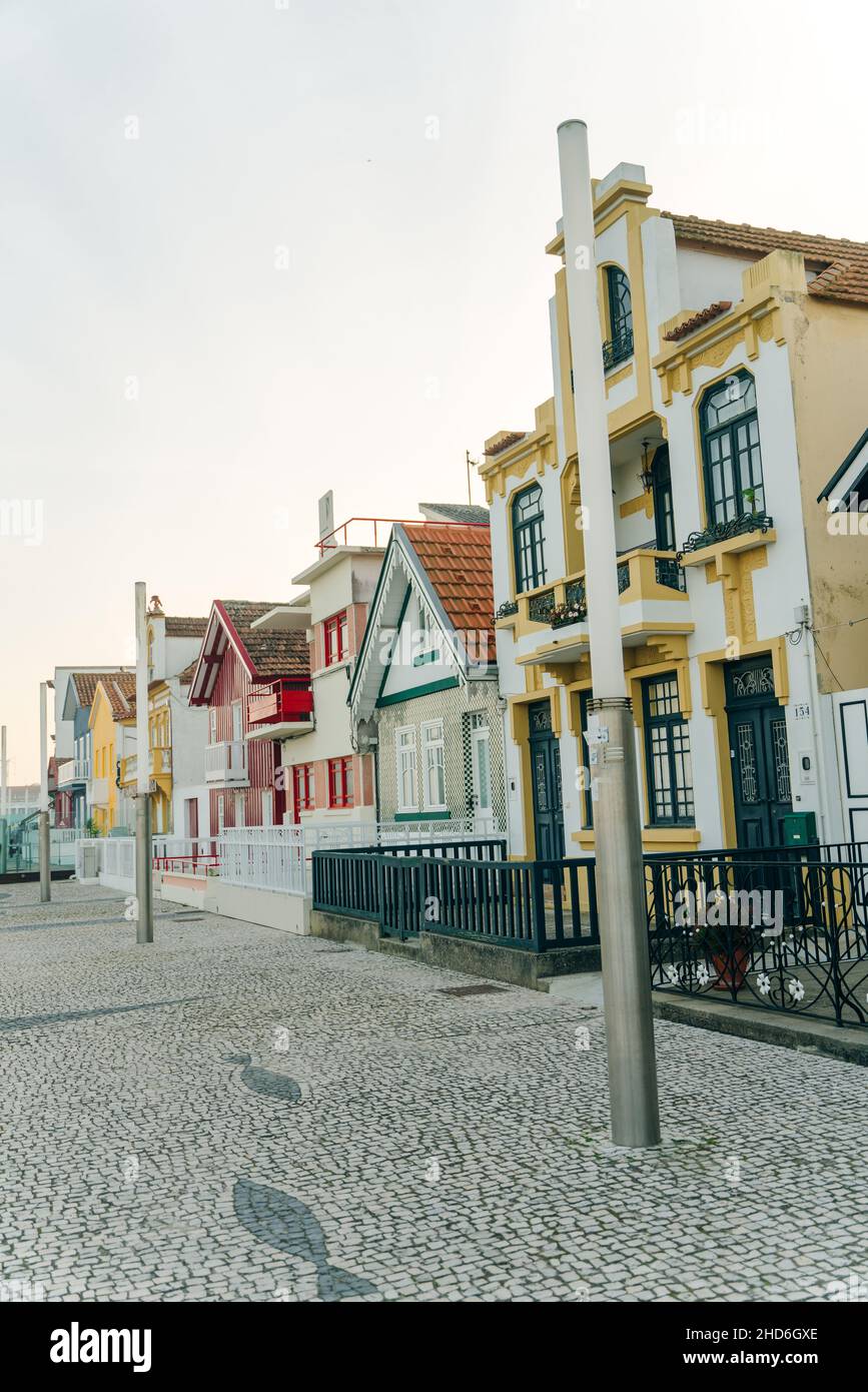 Street with colorful houses in Costa Nova, Aveiro, Portugal - november, 2021. High quality photo Stock Photo