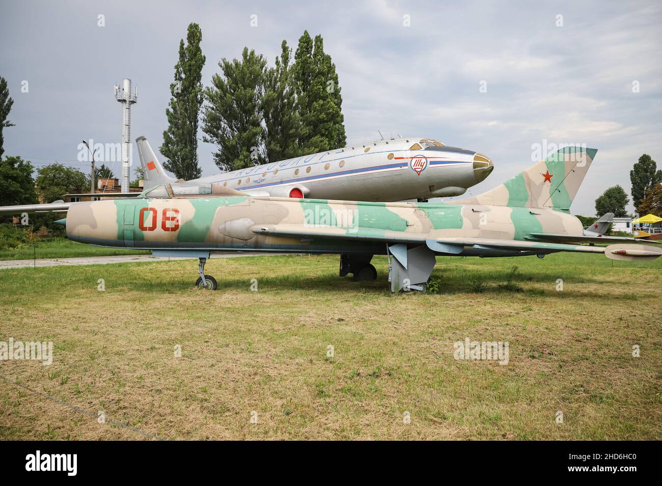 KIEV, UKRAINE - AUGUST 01, 2021: Soviet Union Air Force Sukhoi Su-7BM Fitter A displayed at Oleg Antonov State Aviation Museum Stock Photo