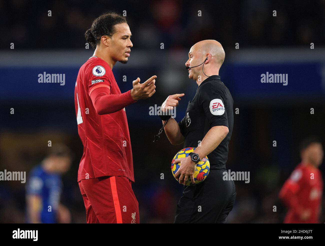 02 January - Chelsea v Liverpool - Premier League - Stamford Bridge  Virgil Van Dijk talks with Referee Anthony Taylor during the Premier League match at Stamford Bridge Picture Credit : © Mark Pain / Alamy Live News Stock Photo
