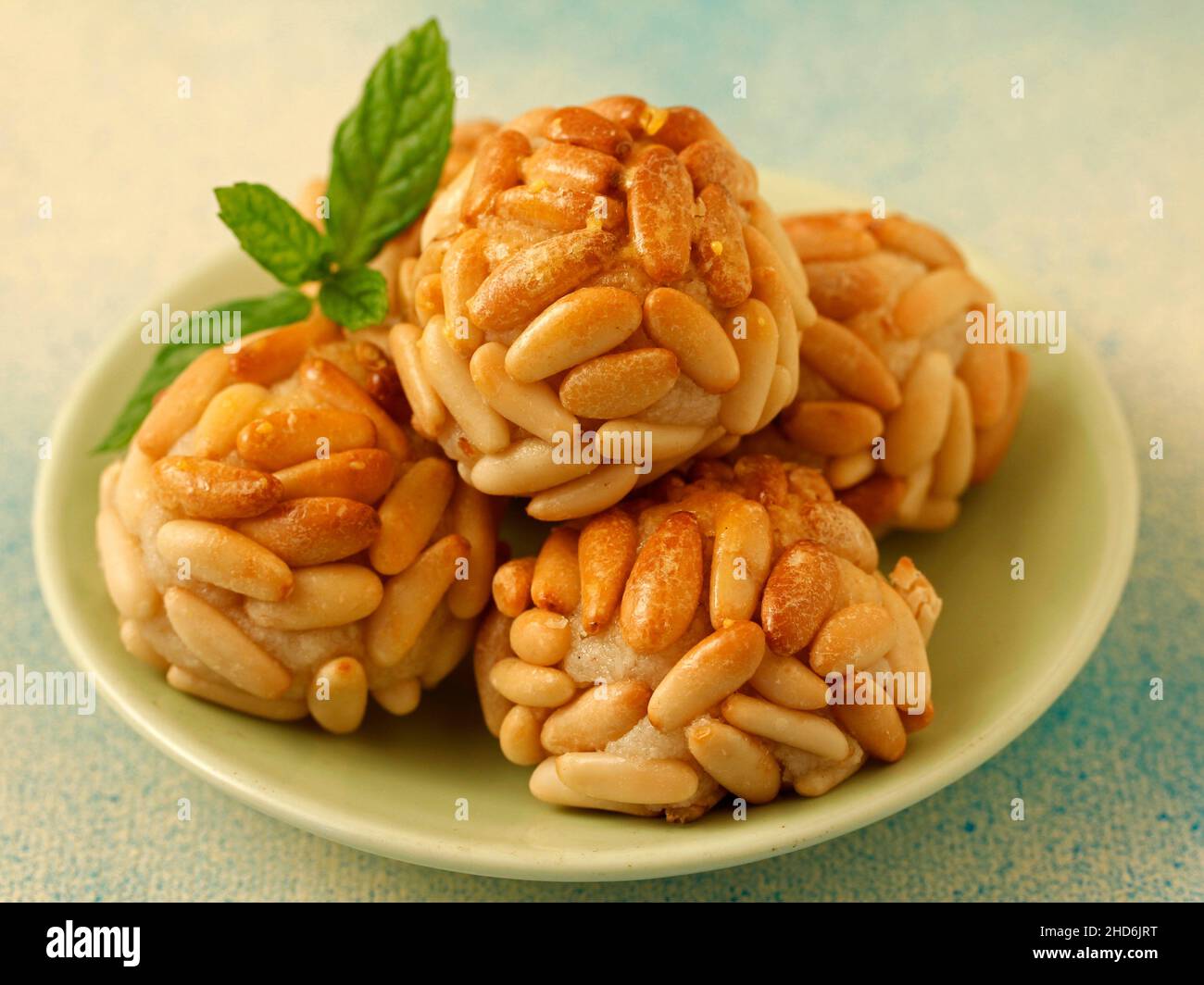 Panellets. Typical dessert with pine nuts from Catalonia, Spain. Stock Photo