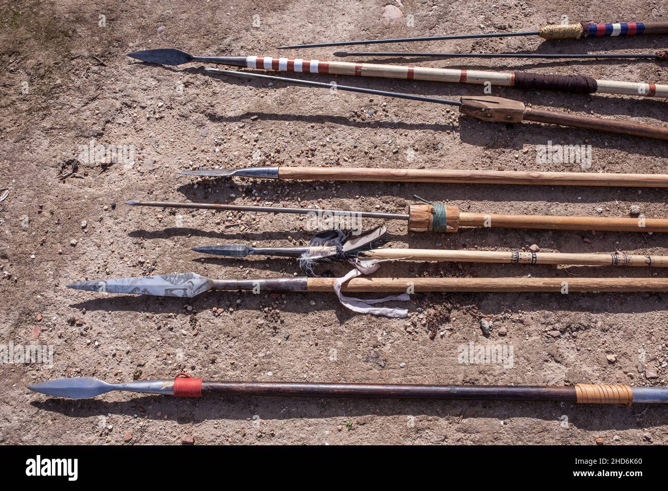 Different type of spears and javelins from ancient times. Replicas of pre-roman and early roman Iberian peninsula weapons. Stock Photo