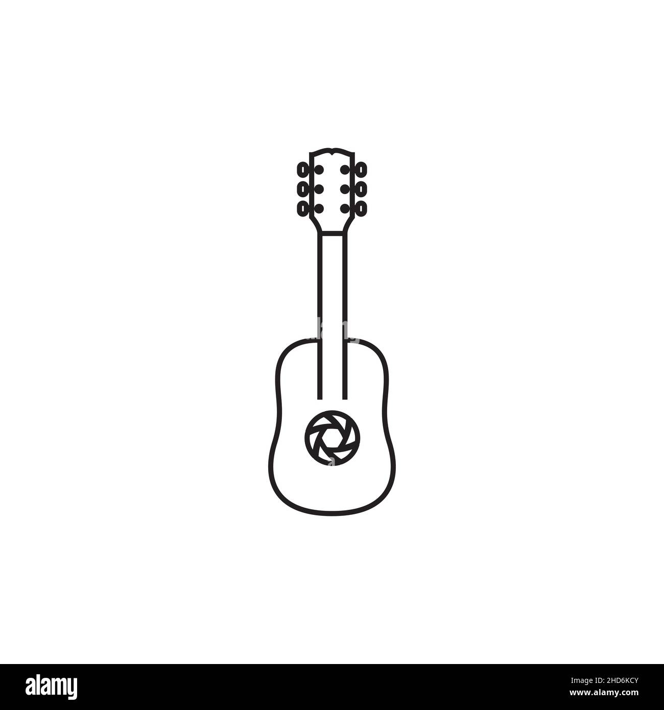 acoustic guitar with camera lens logo design vector graphic symbol icon illustration creative idea Stock Vector