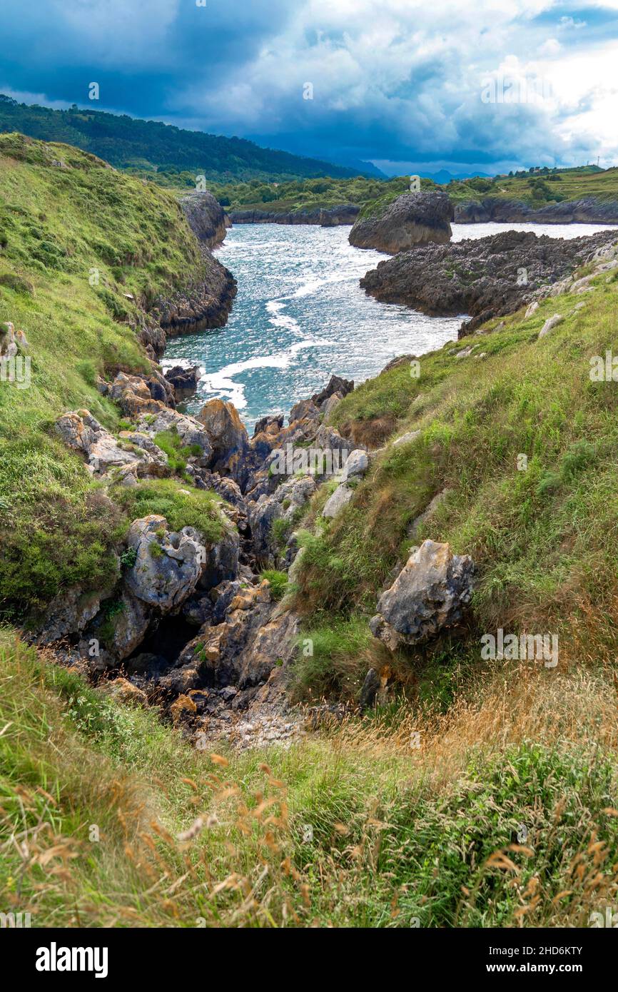 Grass Meadows and Cliffs, Cantabrian Sea, Buelna, Llanes, Asturias, Spain, Europe. Stock Photo