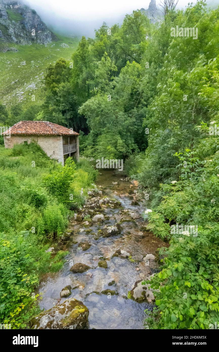 Ethnographic Complex of Tourist Interest of Tielve, Duje River, Cabrales, Picos de Europa National Park, Asturias, Spain, Europe. Stock Photo