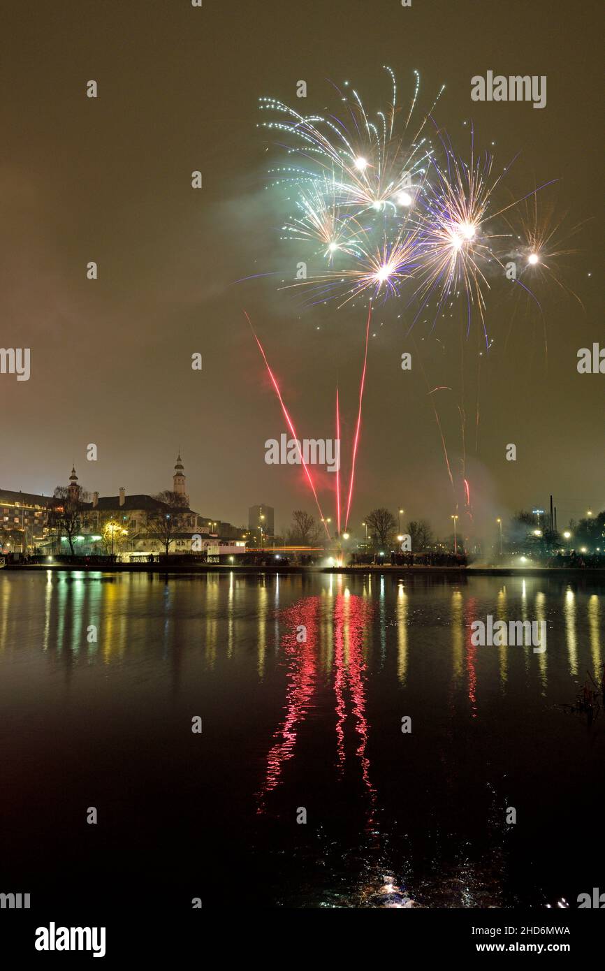 New Year Eve Fireworks by downtown lake in Copenhagen Denmark 2022