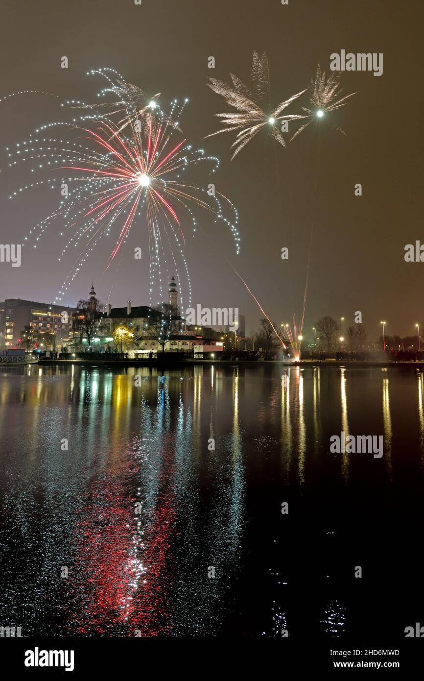 New Year Eve Fireworks by downtown lake in Copenhagen Denmark 2022 Stock Photo