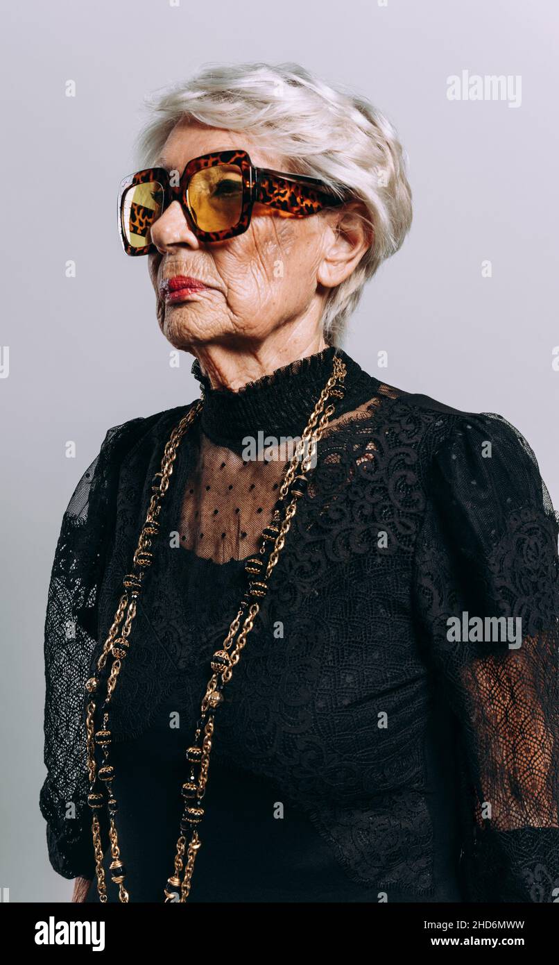 image of a beautiful and elegant old influencer woman. Cool grandmother ...