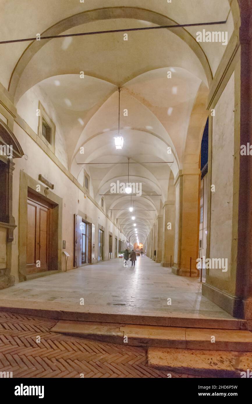 Corso Italia course, The Vasari Logge at night, Old Town, Arezzo, Tuscany, Italy, Europe Stock Photo