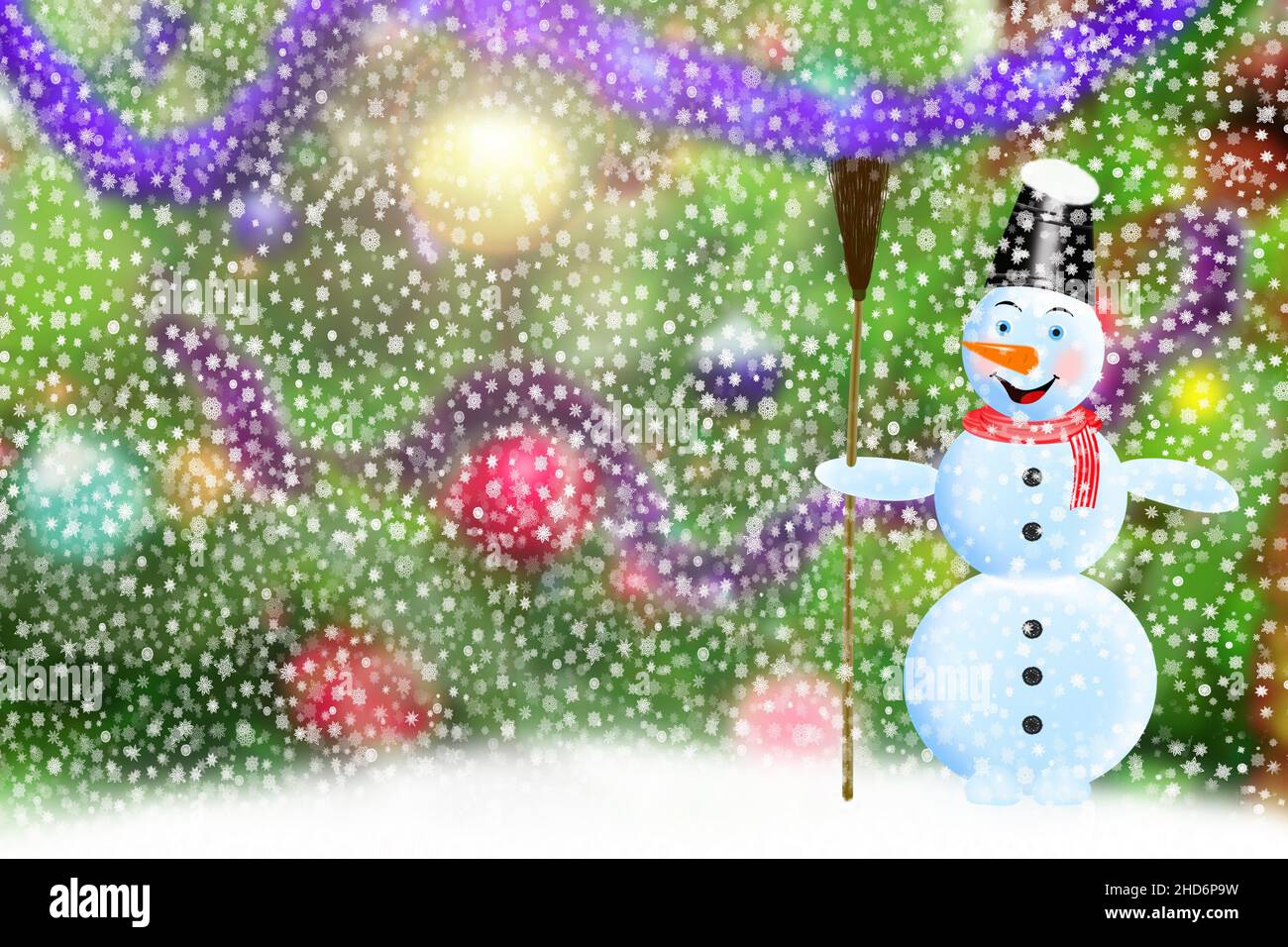 snowman at a harmonious and dressed up New Year's fur-tree. Stock Photo