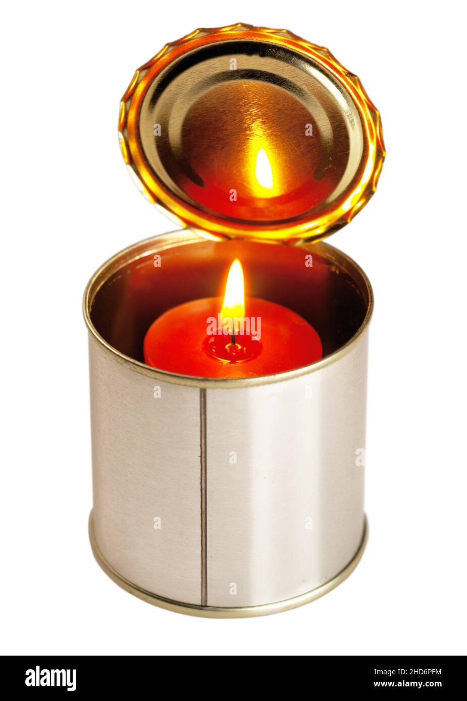 red candle on a tin can ovr white background. Stock Photo