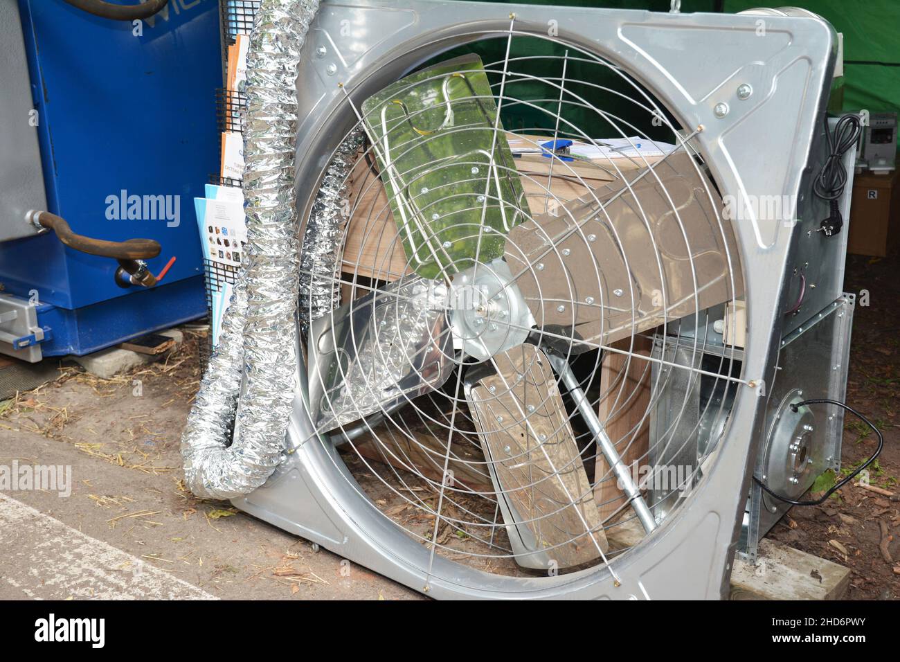 A closeup of an attic ventilator, roof ventilator fan in a steel
