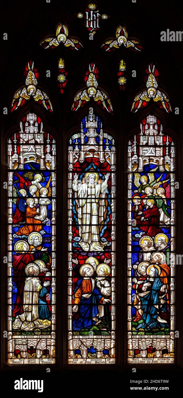 Stained glass window 'Ascension' c 1861 by Clayton and Bell,l, Assington church, Suffolk, England, UK Stock Photo