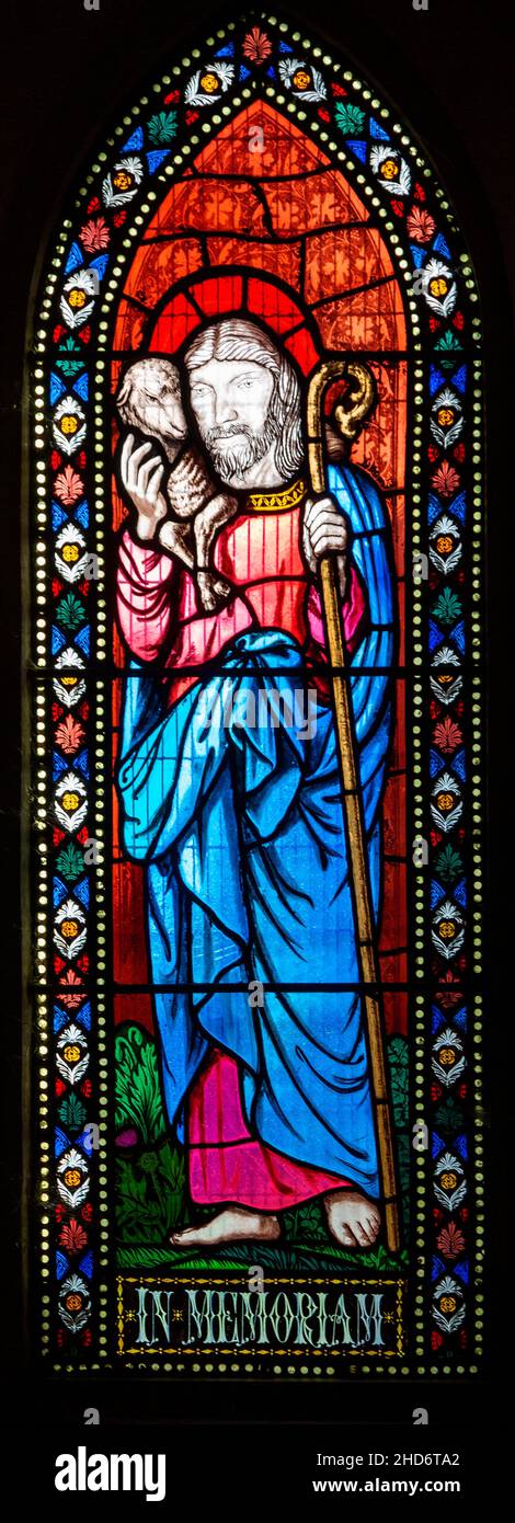 Stained glass window designed by Mr Bouvier by J Power and Sons, The Good Shepherd, c 1863, Assington church, Suffolk, England, UK Stock Photo
