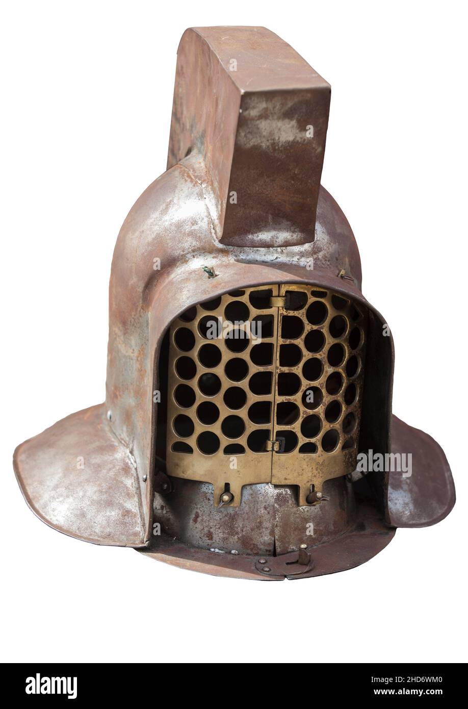 Later murmillo-class gladiator helmet. 3rd Century AD. Isolated over white. Stock Photo