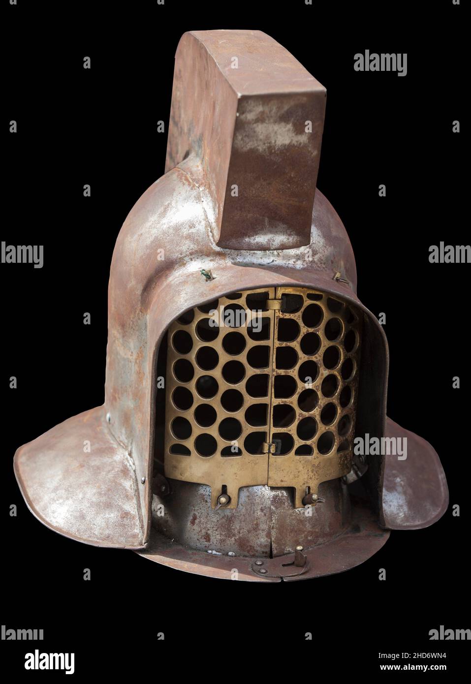 Later murmillo-class gladiator helmet. 3rd Century AD. Isolated over black. Stock Photo