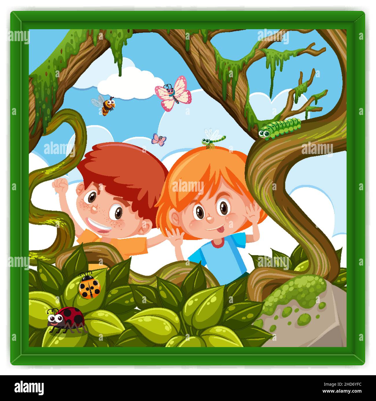 Two kids in the forest photo in a frame isolated illustration Stock ...