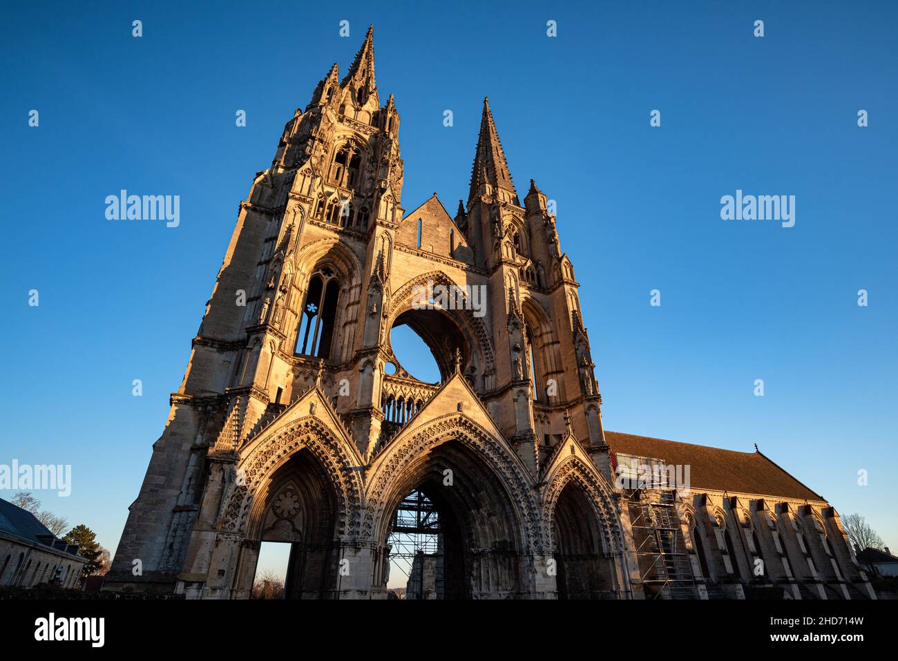 The Abbey of Saint Jean des Vignes at sunset, in Soissons, France. Listed historic monument, only ruins remain. Stock Photo