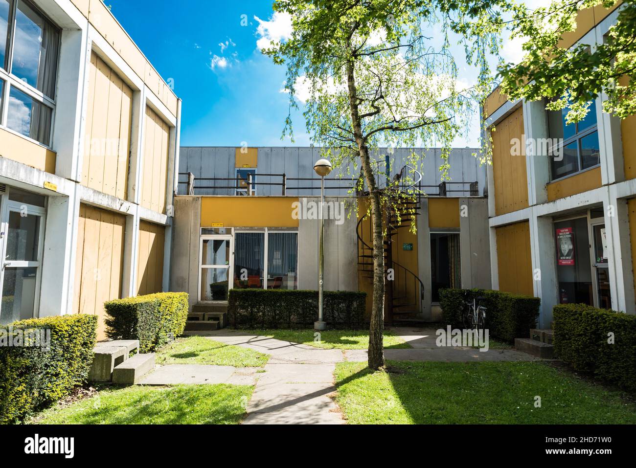 Auderghem, Brussels/ Belgium - 05 02 2018: Prefab colorful studenthouses and students at the campus of the Free University of Brussels. Stock Photo