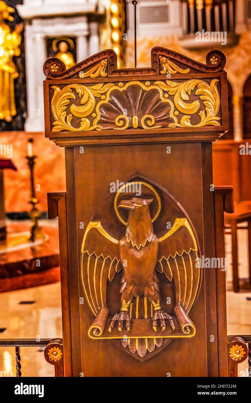 Wooden Eagle Lecturn Basilica Cathedral of Saint Augustine Saint Augustine Florida. Founded in 1565 Oldest church in contiguous United States. Stock Photo