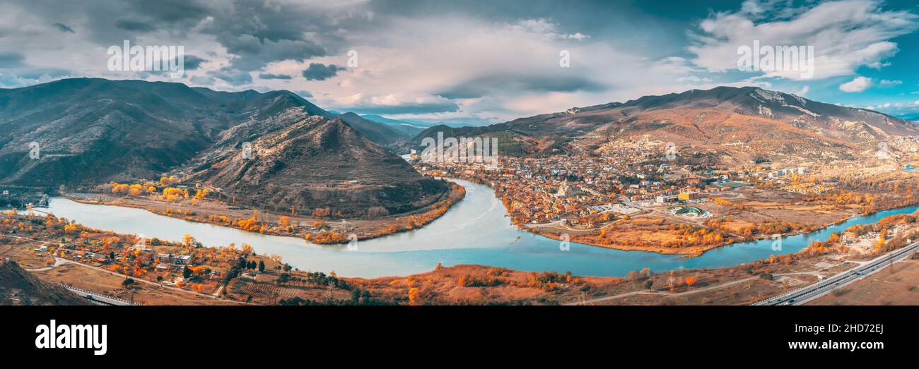Mtskheta, Georgia. Top View Of Ancient Town Located At Valley Of Confluence Of Rivers Mtkvari Kura And Aragvi In Picturesque Highlands. Autumn Stock Photo