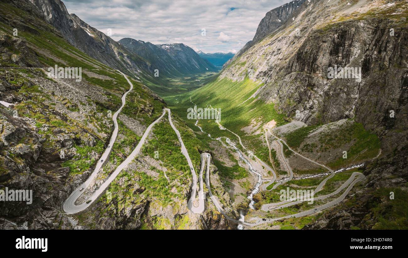 Trollstigen, Andalsnes, Norway. Cars Goes On Serpentine Mountain Road
