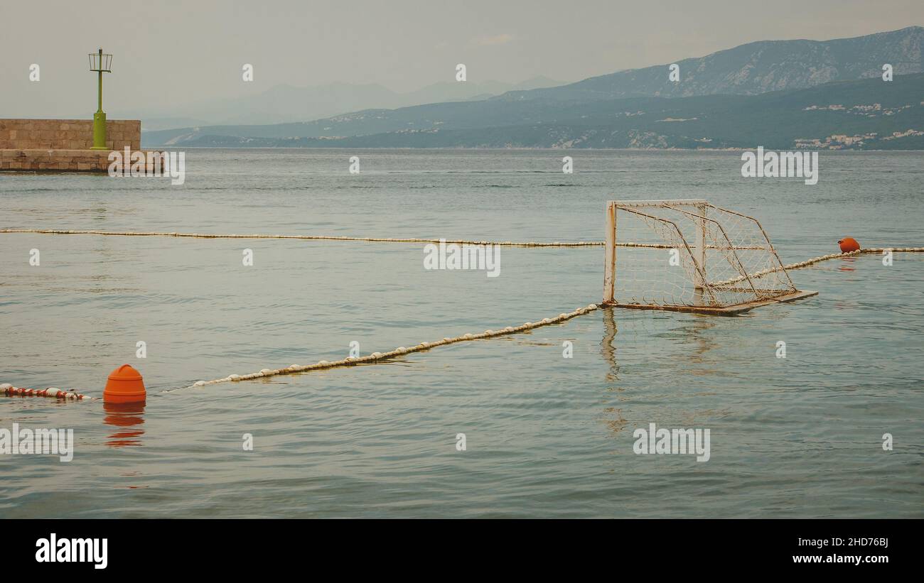 Water polo goal in sea bay, island of Krk in croatia Stock Photo