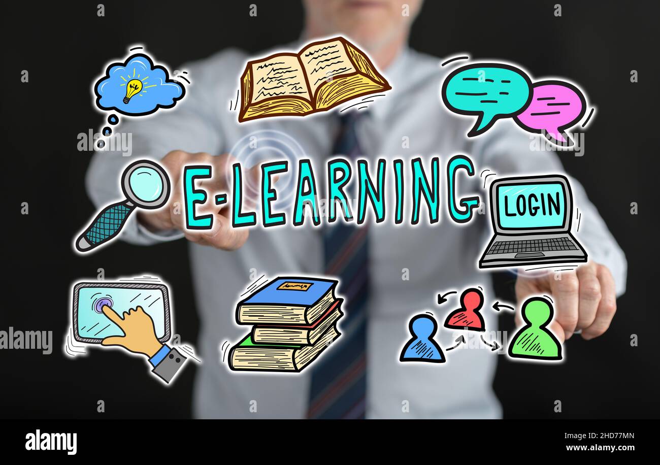 Man touching an e-learning concept on a touch screen with his fingers ...