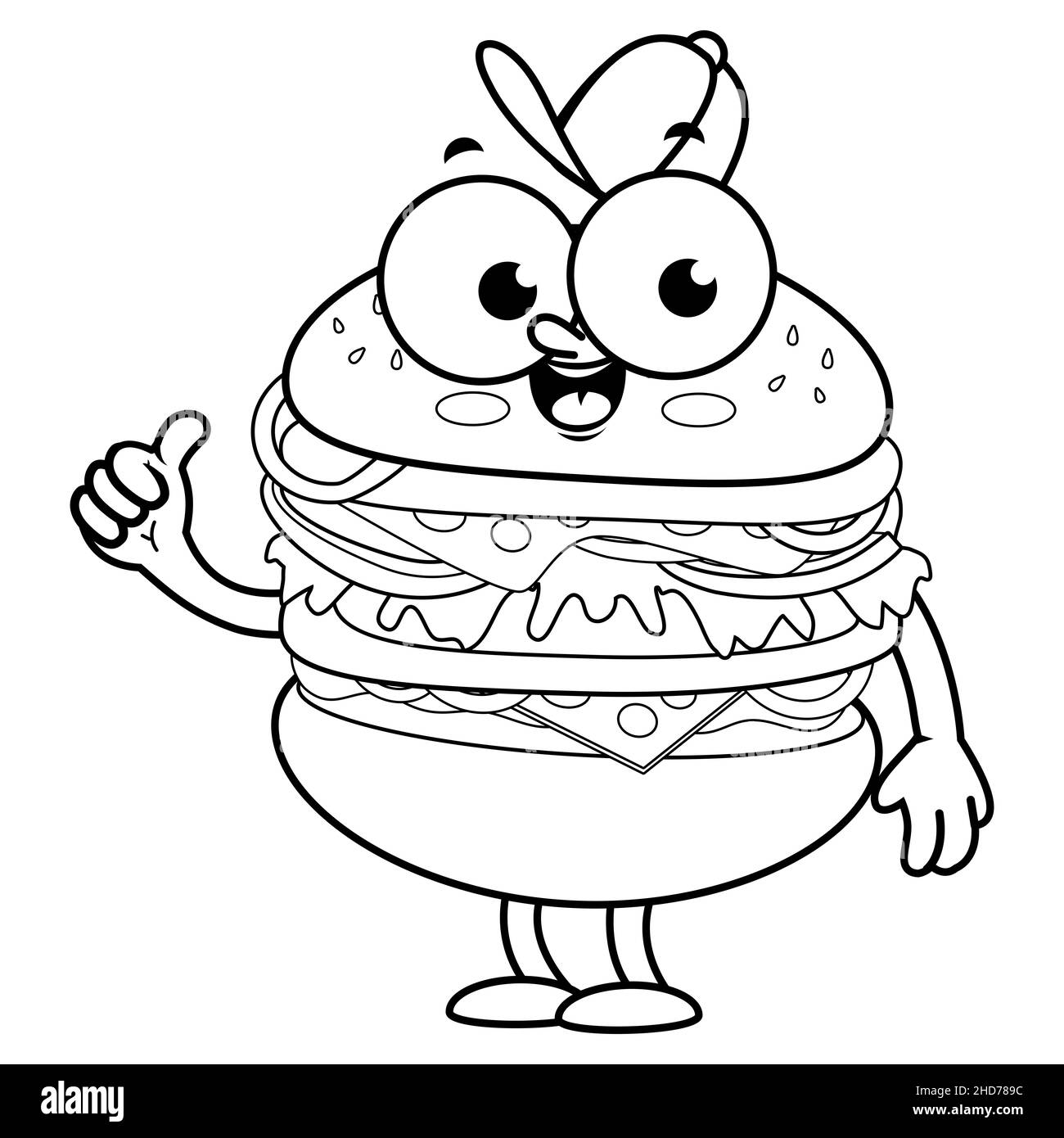 Hamburger character. Black and white coloring page Stock Photo