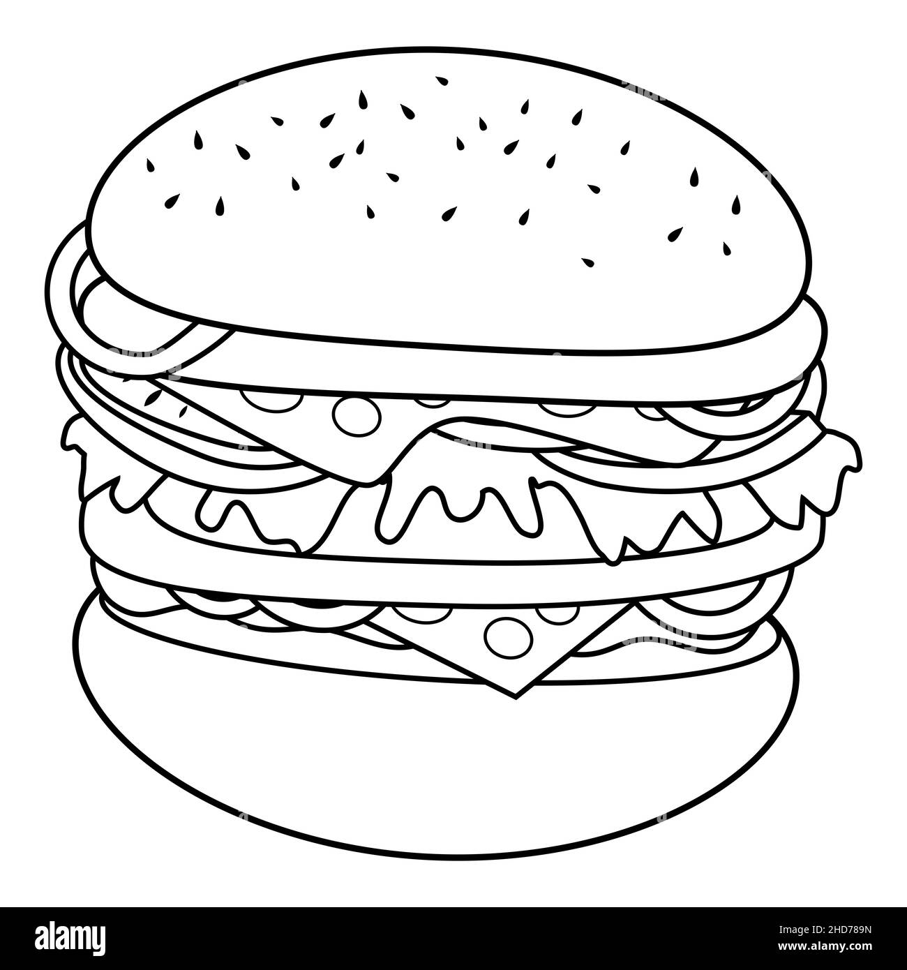 Hamburger with cheese. Black and white coloring page Stock Photo
