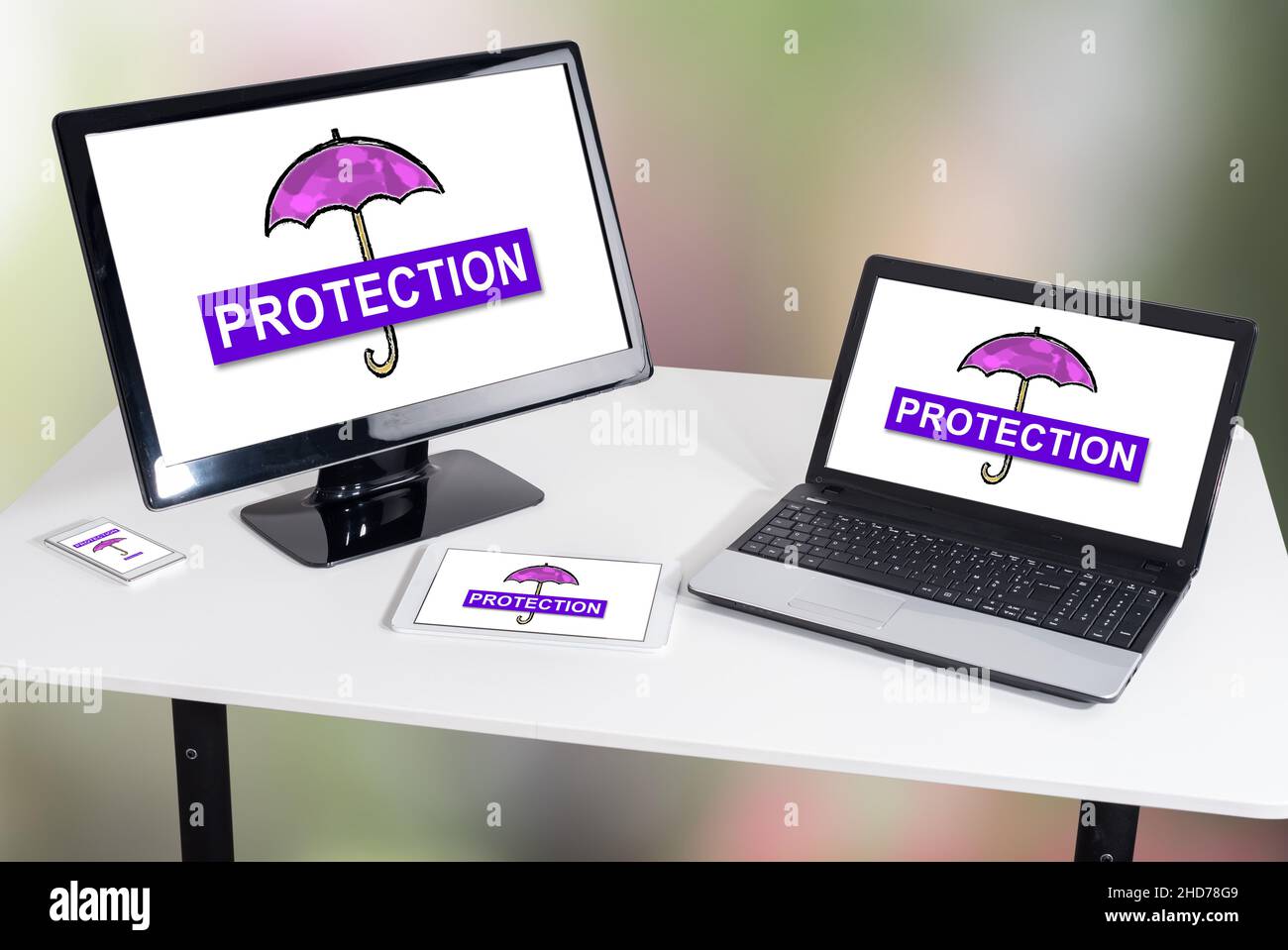 Protection concept shown on different information technology devices Stock Photo