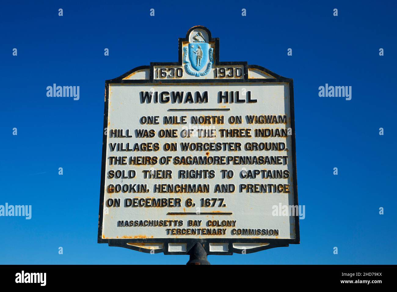 Wigwam Hill history sign, Worcester, Massachusetts. Stock Photo