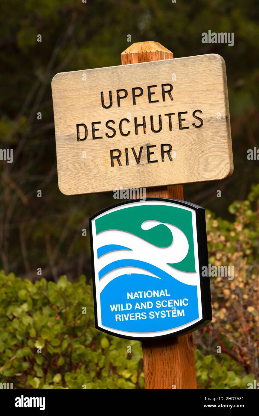 Wild and Scenic sign, Deschutes Wild and Scenic River, Newberry National Volcanic Monument, Oregon. Stock Photo
