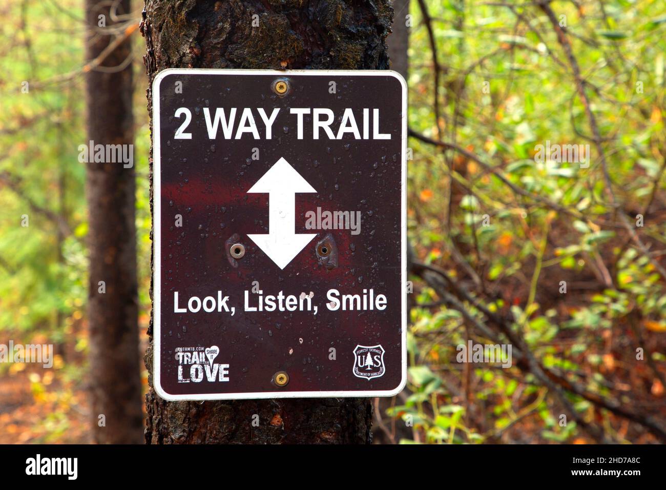 Biking sign along South Fork Trail, Deschutes National Forest, Oregon. Stock Photo