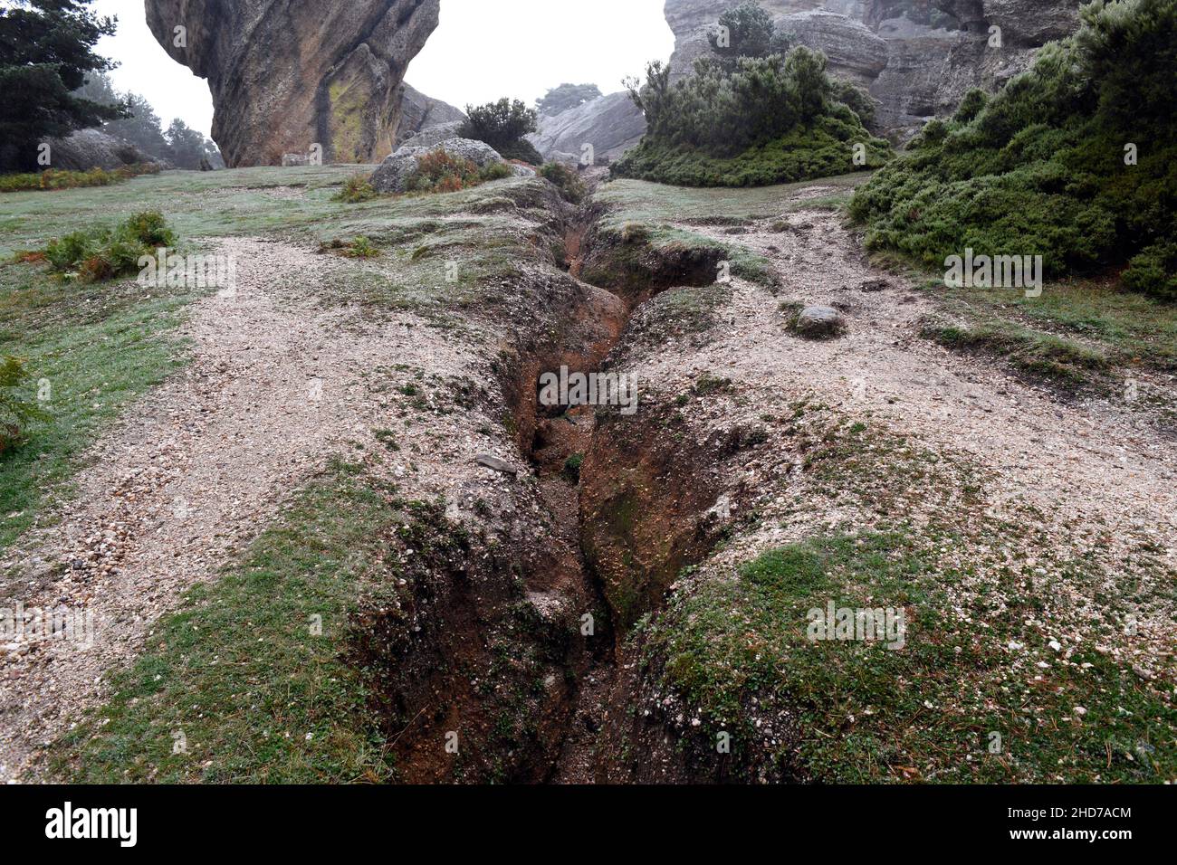 Soil erosion (gully) by rain. Castroviejo, Duruelo de la Sierra, Soria, Castilla y Leon, Spain. Stock Photo
