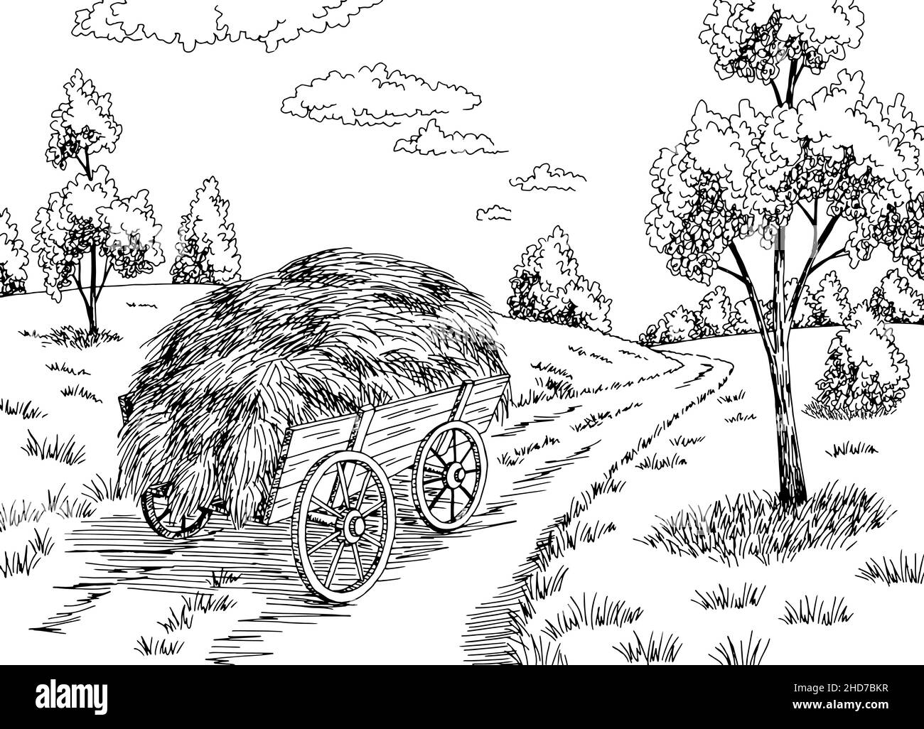 Rural road graphic black white landscape sketch illustration vector